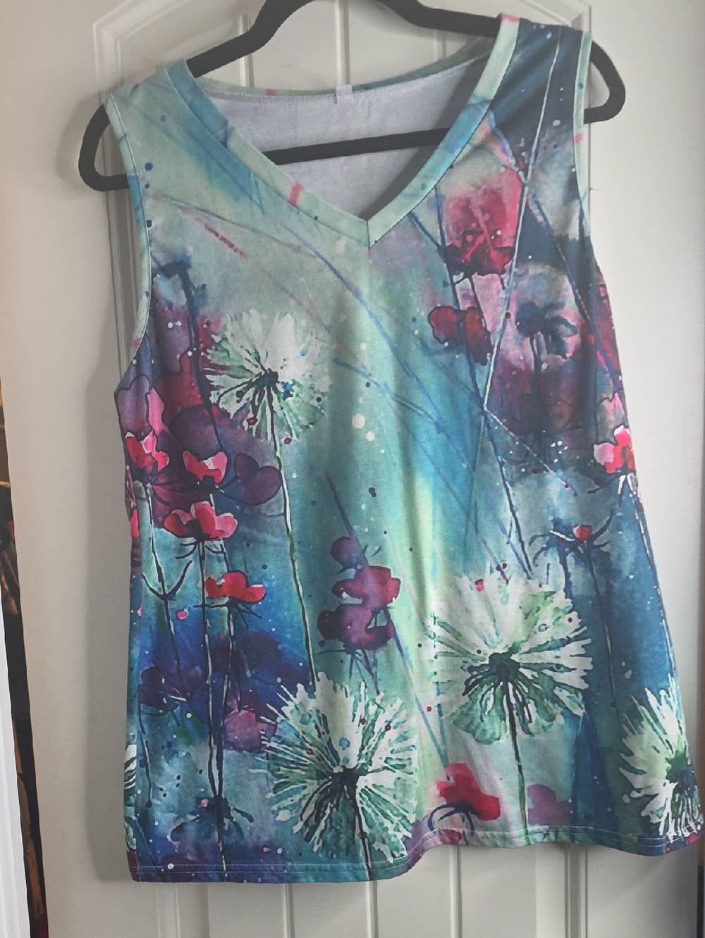 Sleeveless Floral Watercolor V-Neck Tank Top - Aqua & Teal
